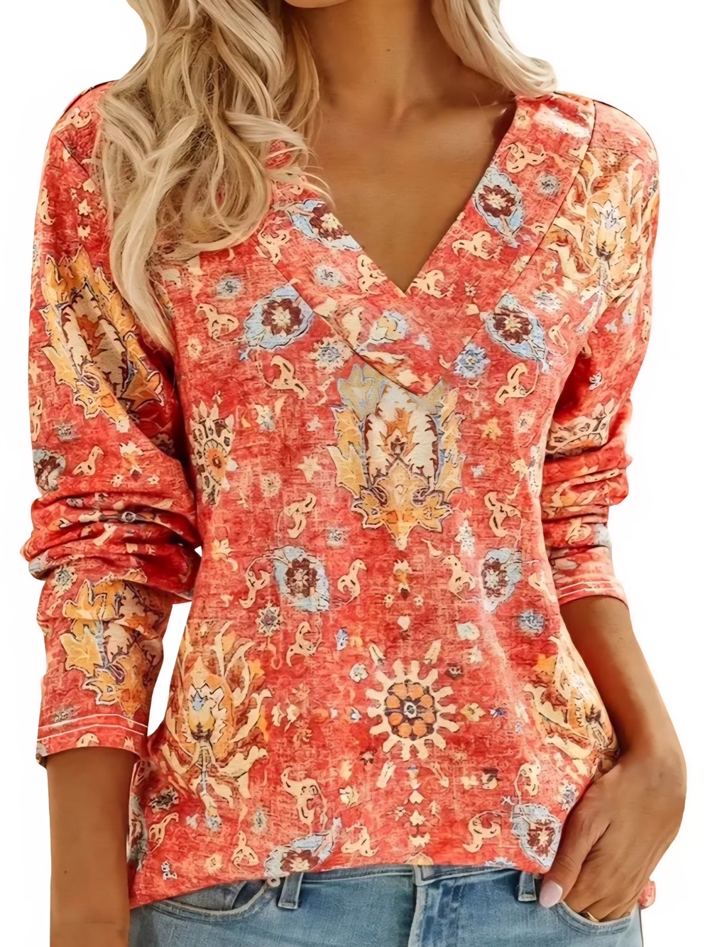 Women’s Coral Orange Boho V‑Neck Long Sleeve Top Size XL